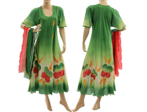 Artsy boho flower dress with scarf, crinkle cotton in green orange red M-L