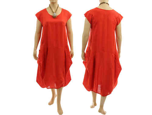 Lagenlook boho bulgy balloon dress linen in orange-red L-XL