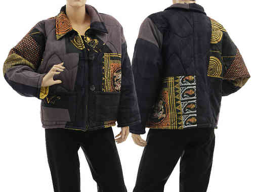 Boho artsy silk coat jacket, patchwork black purple gold M-L