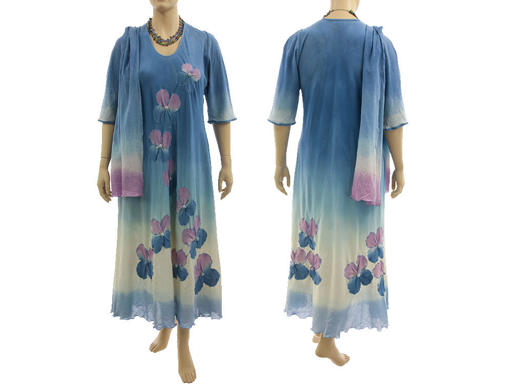 Flower dress with scarf cotton blue lilac L-XL - CLASSYDRESS