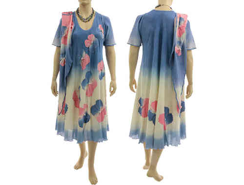 Boho flower dress with scarf, crinkle cotton in blue pink L-XL