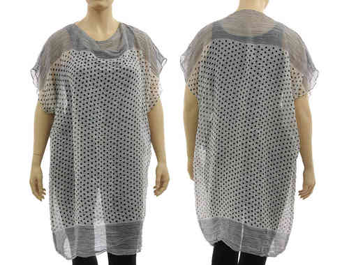 Airy lagenlook tunic top with dots, cotton white black L-XXL