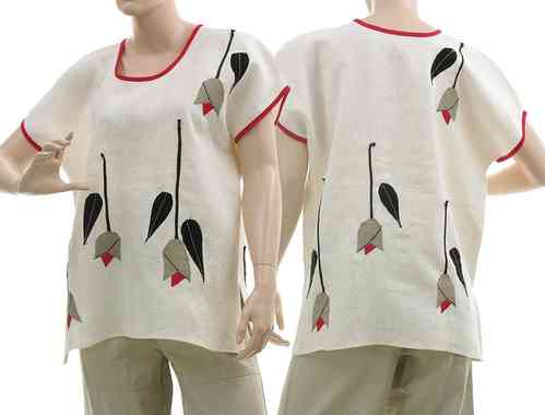 Lagenook top shirt with tulips, linen in off-white S-M