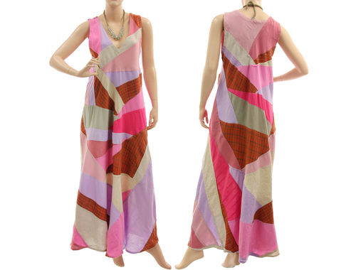 Lagenlook boho maxi patchwork dress linen purple pink shades S-M