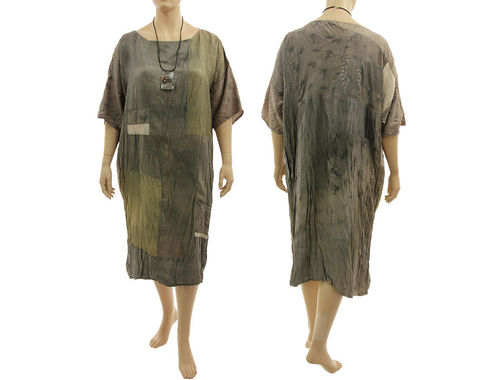 Lagenlook boho patchwork dress, crushed silk in taupe olive L-XXL