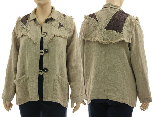 Lagenlook boho jacket with decorative yoke, linen in natural L-XL