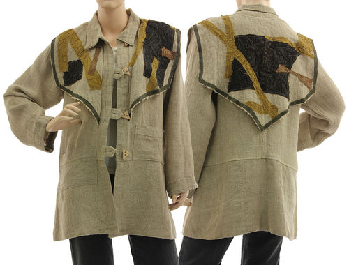 Lagenlook boho jacket with decorative yoke, linen in natural S-M