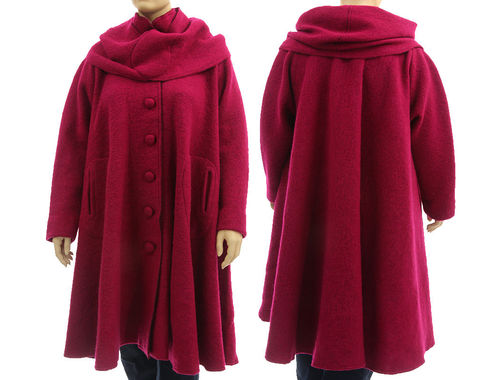 Boho artsy flared coat with separate hood, boiled wool in magenta L-XXL