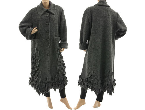 Lagenlook artsy long coat with leaves, boiled wool grey L-XXL