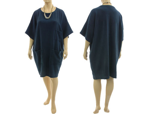 Lagenlook oversized dress 3 pockets, linen in dark blue XL-XXL