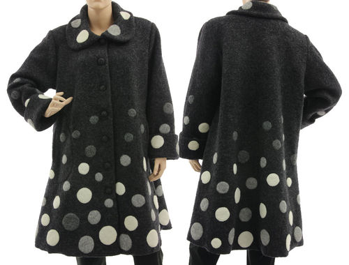 Artsy flared coat with polka dots, boiled wool dark grey M-L