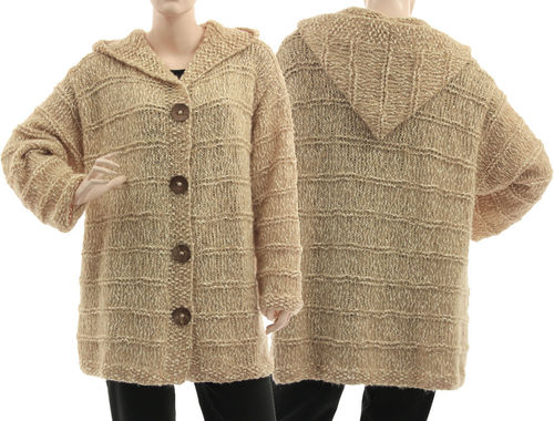 Hand knitted hooded sweater cardi Doris, cotton wool in beige ecru L-XL