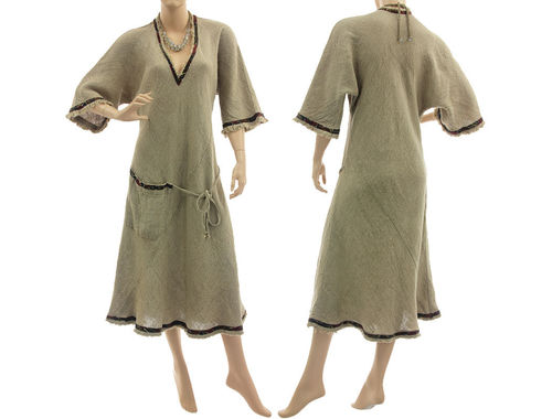 Lagenlook frayed linen dress with pocket and silk ribbon, in nature L-XL