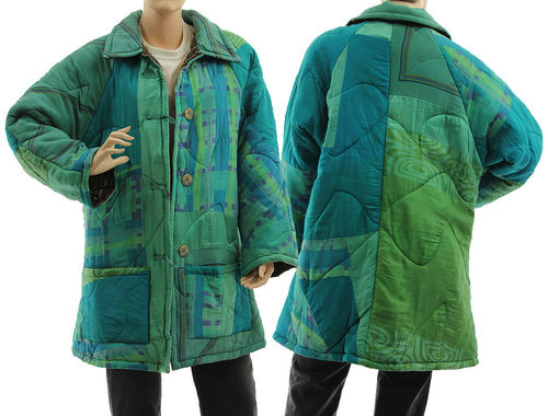 Boho artsy silk coat jacket, patchwork teal green blue M-L