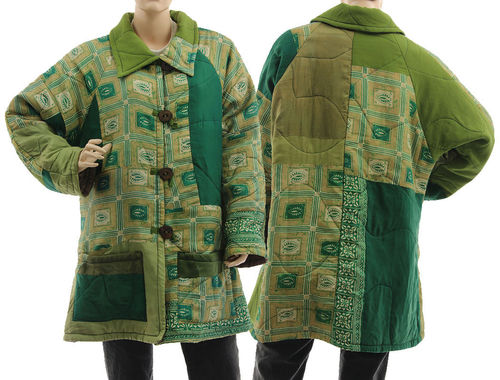 Boho artsy silk coat jacket, patchwork green olive beige M-L