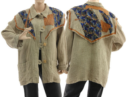 Lagenlook boho jacket with decorative yoke, linen in natural L