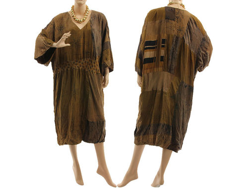 Lagenlook boho patchwork dress, crushed silk in brown shades L-XXL