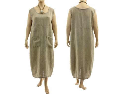 Lagenlook maxi linen tank dress with 3 pockets, in nature L-XL