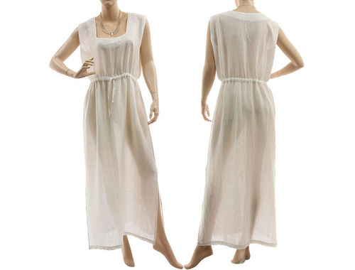 Boho maxi summer / beach dress, linen cotton in white M-L