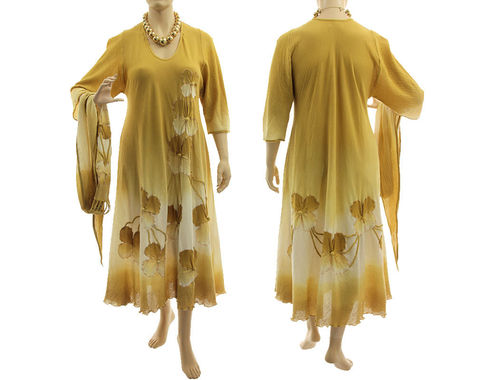 Boho flower dress with scarf, crinkle cotton in honey yellow L-XL