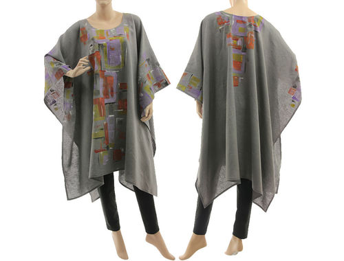 Artsy boho handpainted linen poncho cape cover in grey S-XXL