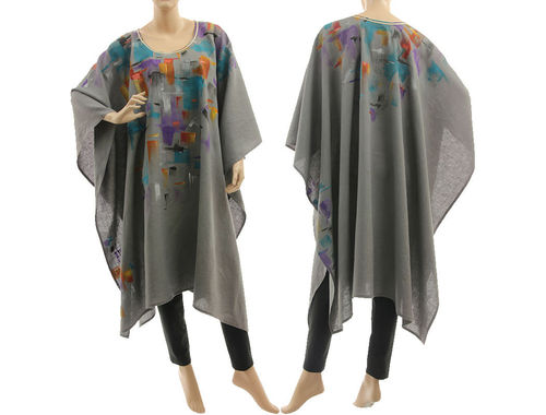 Artsy boho handpainted linen poncho cover cape in grey S-XXL