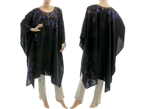 Artsy boho hand painted linen poncho cover cape in black S-XXL