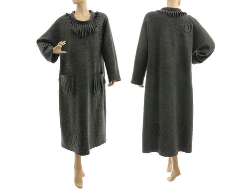 Lagenlook cozy winter dress boiled felted wool in dark grey with sequins M-XL