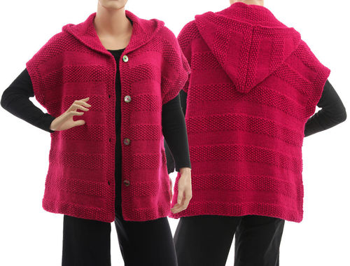 Hand knitted hooded textured sweater cardi Fanny in dark pink M-L