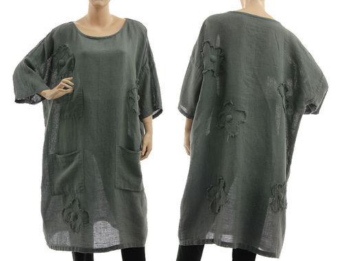 Boho tunic dress with pockets and flowers, linen-cotton gauze in grey M-XL
