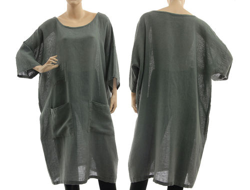 Boho tunic dress with pockets, linen-cotton gauze in grey M-XL