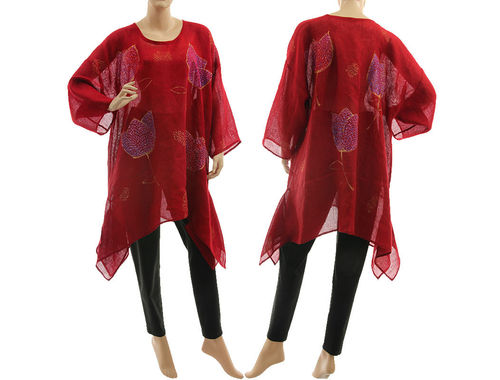 Artsy boho hand painted burgundy linen gauze tunic with flowers M-XL