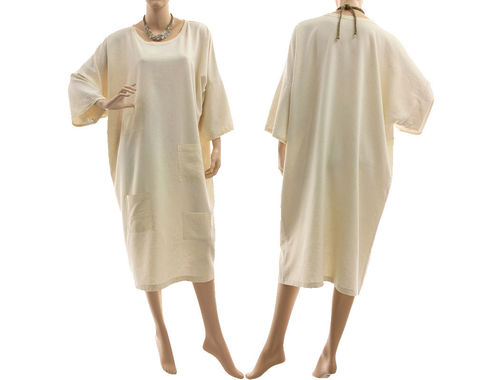 Lagenlook dress with pockets, lightweight bourette silk in ecru L-XL
