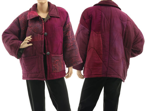 Boho artsy silk coat jacket, patchwork berry shades L-XL