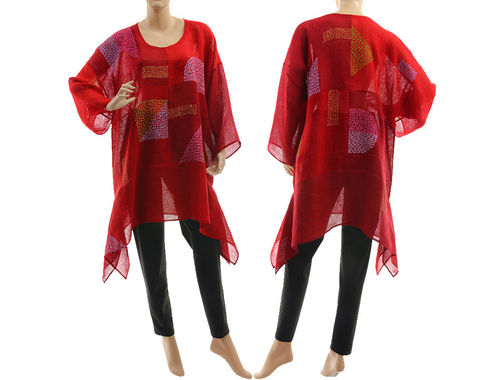 Boho hand painted tunic linen gauze chequerboard in red burgundy  M-XL