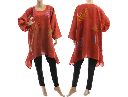 Boho hand painted clouds tunic linen gauze in red-orange M-XL
