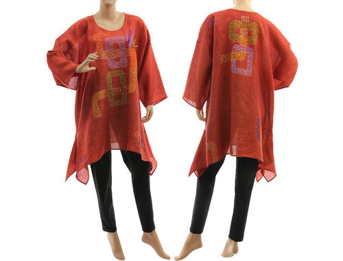 Boho hand painted loops tunic linen gauze in red-orange M-XL