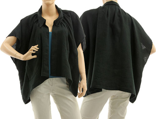 Lagenlook oversized short linen jacket wrap in black S-XL