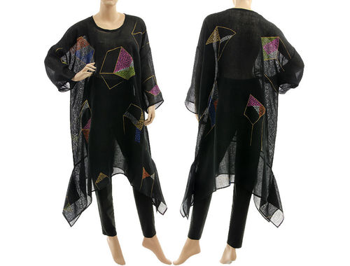 Boho hand painted summer party tunic, linen gauze in black L-XXL