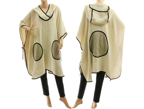 Boho lagenlook hooded linen poncho cover in ecru, off-white S-XXL