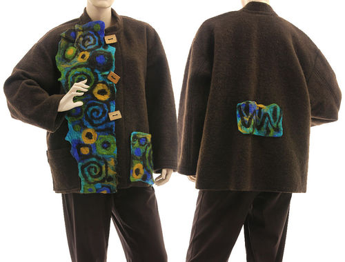 Boho artsy jacket with merino felt, boiled wool in brown L-XL
