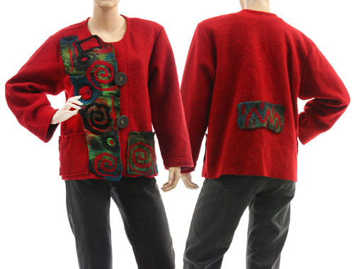 Boho artsy jacket with merino felt, boiled wool in dark red M-L