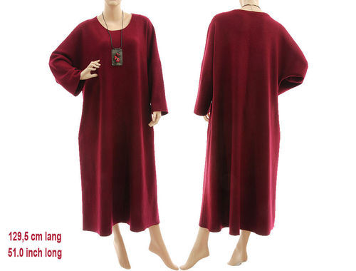 Long puristic fall winter dress fine merino wool in burgundy L-XXL