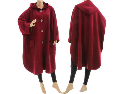 Boho roomy hooded fall winter coat, boiled felted wool in burgundy M-XL