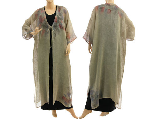 Boho linen gauze maxi coat duster hand painted, in natural L-XXL