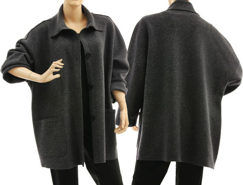Oversized jacket with collar, boiled felted extra fine merino wool in grey L-XL
