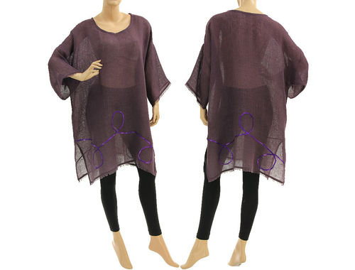 Boho summer tunic, beach dress with sequins, linen in purple S-XL