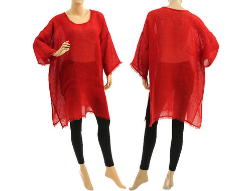 Boho summer tunic, beach dress with pockets, linen gauze in red S-XL