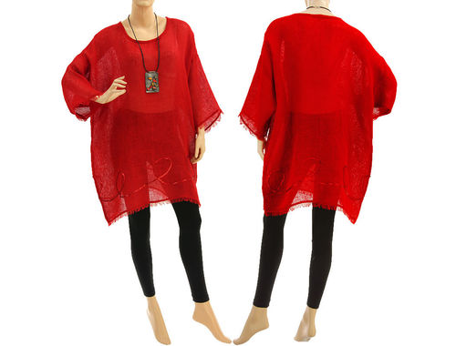 Boho summer tunic, beach dress with sequins, linen gauze in red S-XL