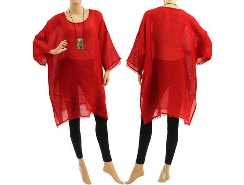 Boho summer linen tunic, beach dress with sequins and fringes in red S-XL